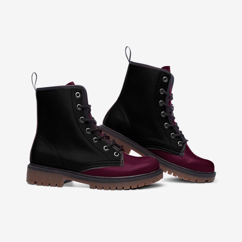 Black & Burgundy Faux Leather Lightweight Boots - Wide Fit